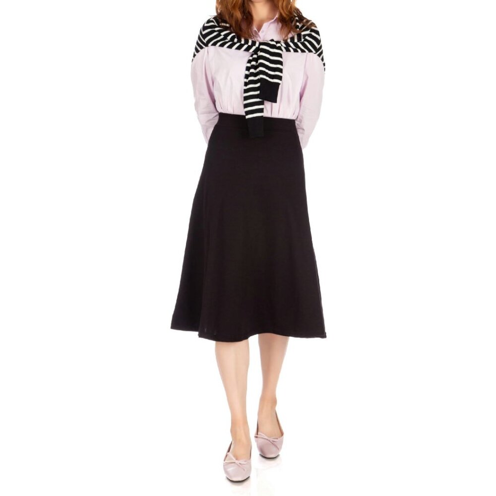 High Waist A-Line Flared Midi Skirt, Cotton Blend, Elastic Waist, Versatile